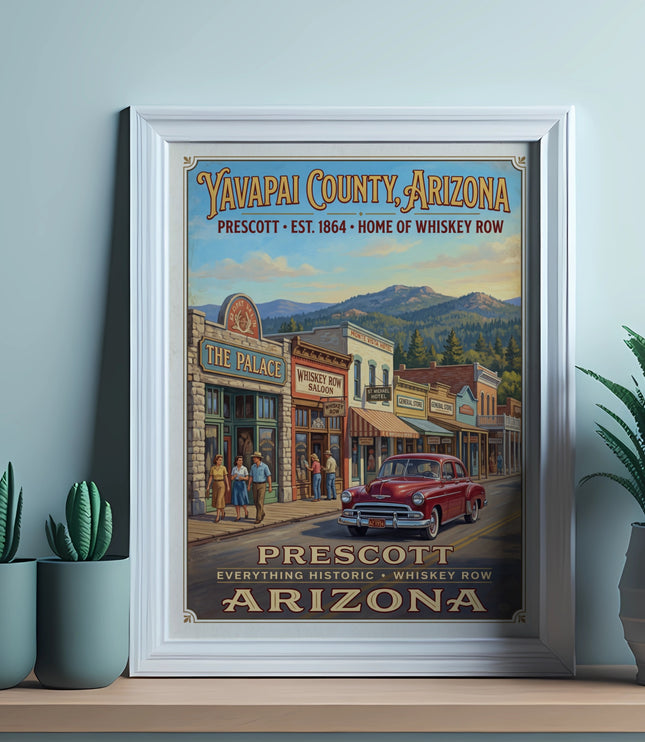 Vintage poster of Yavapai County, Arizona, featuring Prescott and Whiskey Row.