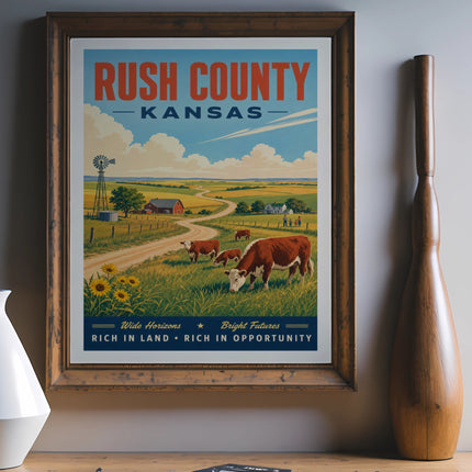 Retro travel poster for Rush County, Kansas, featuring cows, sunflowers, and rolling hills.