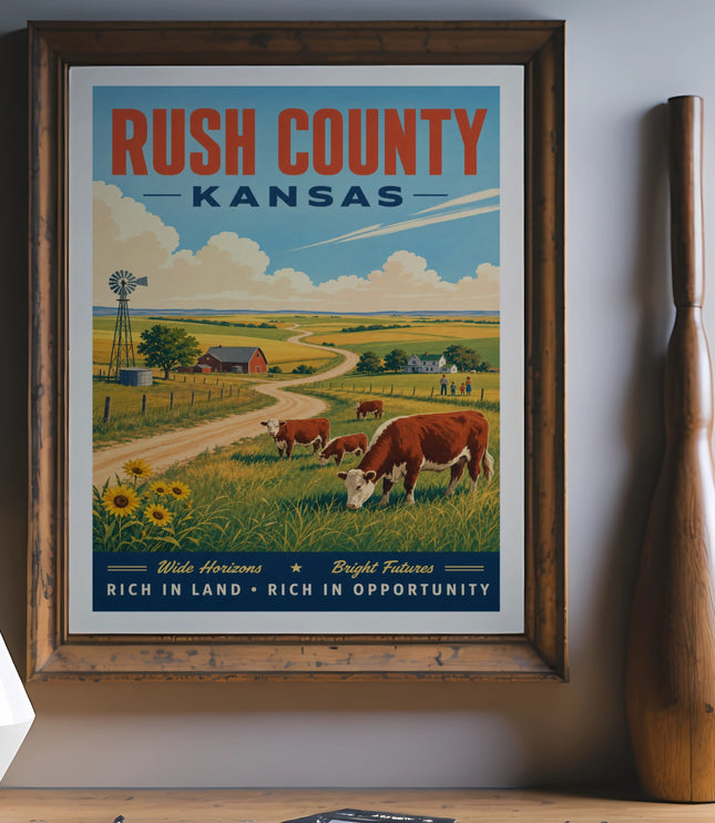 Retro travel poster for Rush County, Kansas, featuring cows, sunflowers, and rolling hills.