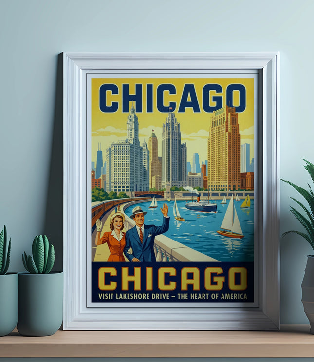 Vintage Chicago travel poster featuring city skyline, lake, boats, and a couple.