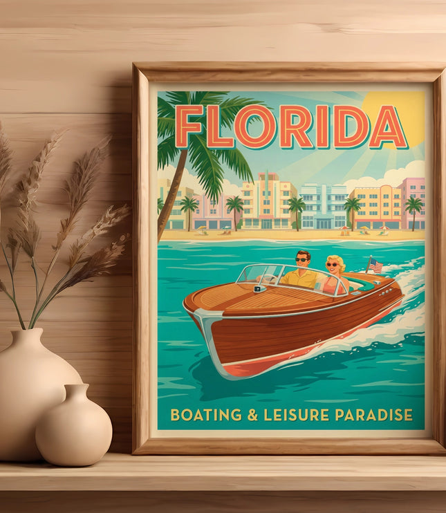 Vintage Florida travel poster showing a couple in a speedboat with art deco buildings.