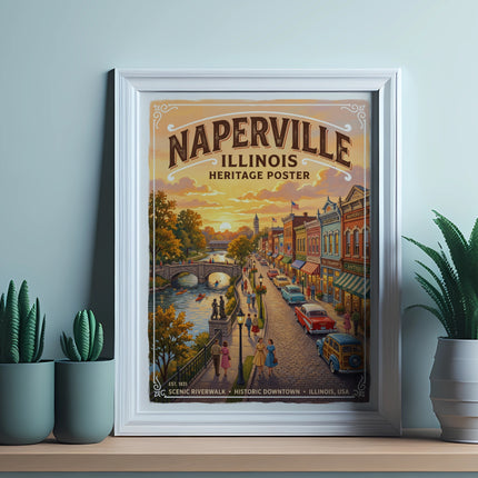 Naperville Illinois heritage poster depicting a scenic riverwalk and historic downtown.