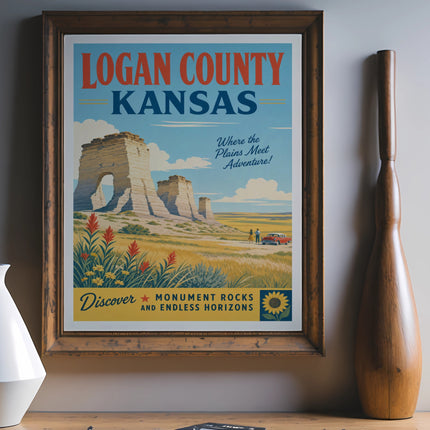 Poster for Logan County, Kansas featuring Monument Rocks, a car, and text.