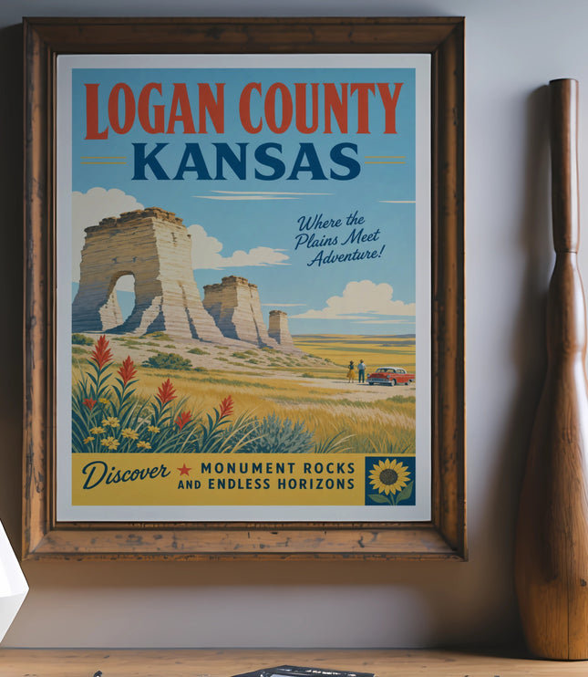 Poster for Logan County, Kansas featuring Monument Rocks, a car, and text.
