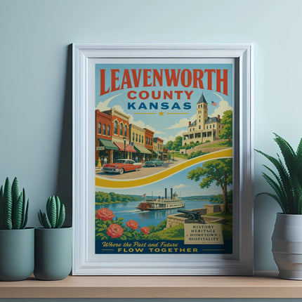 Leavenworth County, Kansas vintage travel poster with cityscape and steamboat.