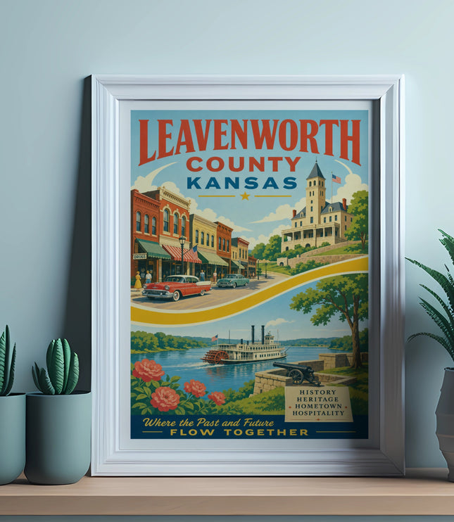 Leavenworth County, Kansas vintage travel poster with cityscape and steamboat.