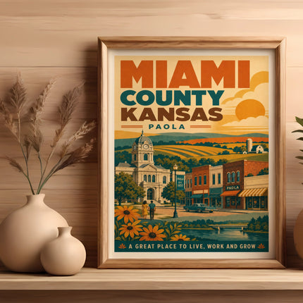 Miami County, Kansas poster featuring Paola, with buildings, sunflowers, and text.
