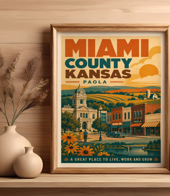 Miami County, Kansas poster featuring Paola, with buildings, sunflowers, and text.
