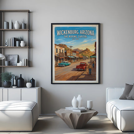 Vintage Wickenburg, Arizona poster depicting a Western street scene with cars and buildings.