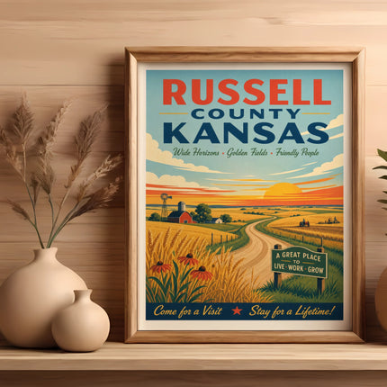 Russell County, Kansas vintage travel poster showing rural landscape and text.