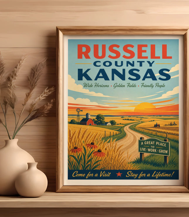 Russell County, Kansas vintage travel poster showing rural landscape and text.
