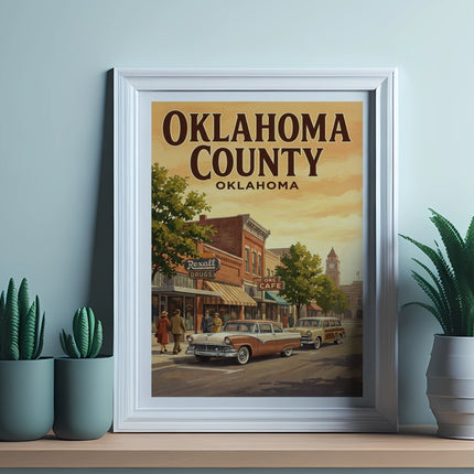 Poster depicting vintage cars on a street with "Oklahoma County" and "Oklahoma" text.