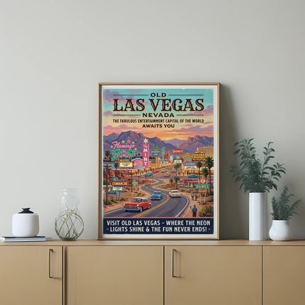 Old Las Vegas Nevada poster featuring vintage cars and neon hotel signs.