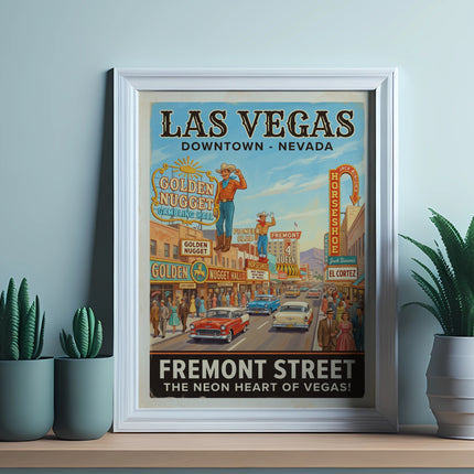 Las Vegas Fremont Street vintage poster with casinos and vintage cars.