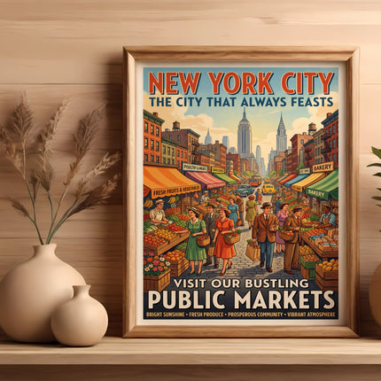 New York City public markets poster with vendors and produce.