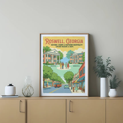 Poster of Roswell, Georgia landmarks: Bulloch Hall, Barrington Hall, and historic street scene.