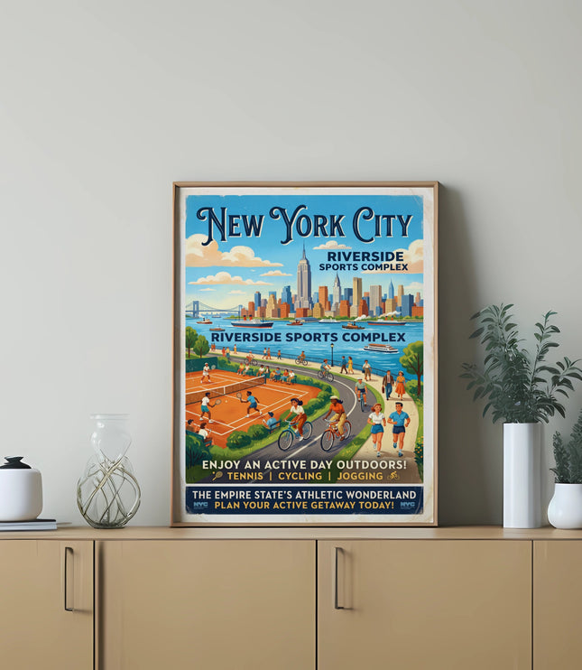 New York City Riverside Sports Complex vintage travel poster.