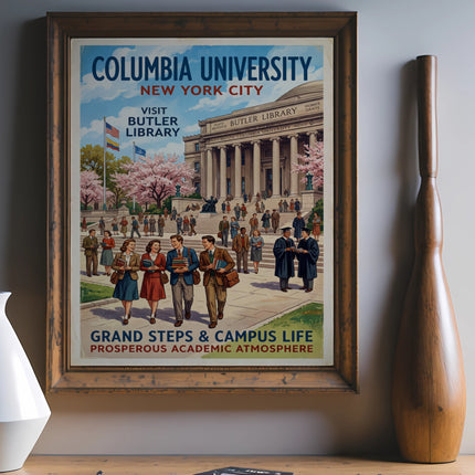 Columbia University New York City poster with Butler Library and students.