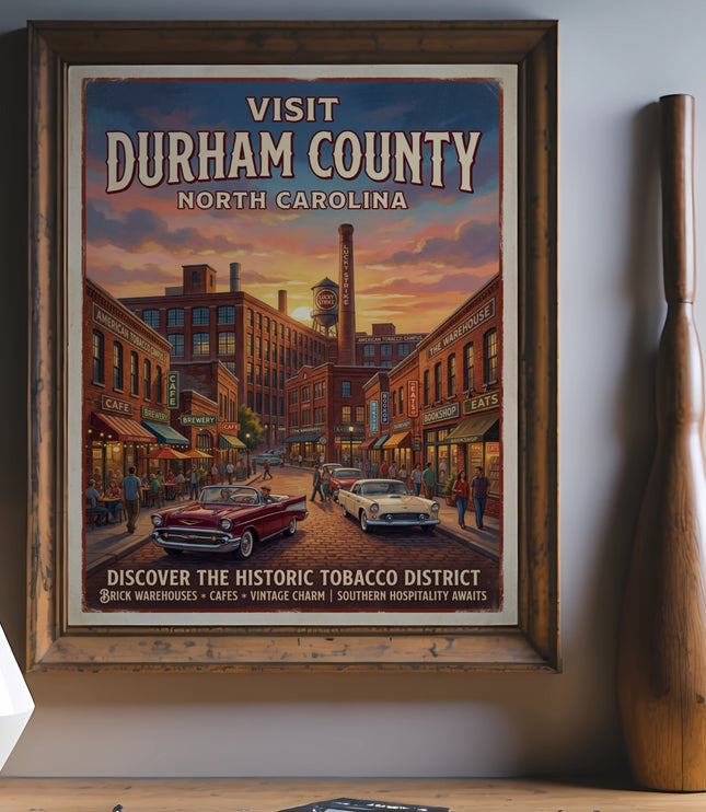 Vintage poster of Durham County, North Carolina, showing historic tobacco district street scene.