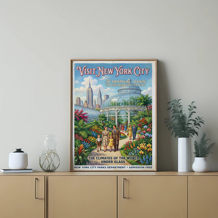 Vintage "Visit New York City" poster showing the Conservatory Gardens with text.