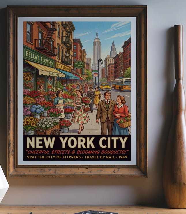 New York City vintage style poster with flower shops and Empire State Building.