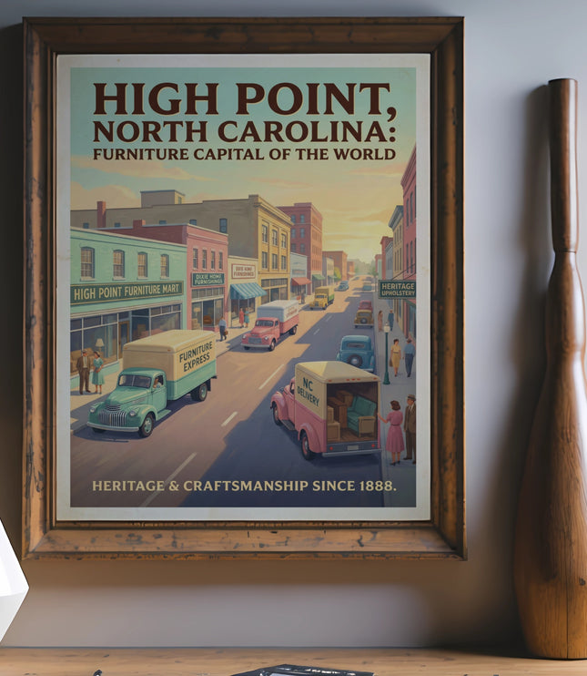 Vintage poster with "High Point, North Carolina: Furniture Capital of the World" and delivery trucks.