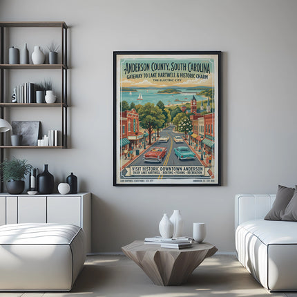 Anderson County, SC poster with vintage cars and lake scene.
