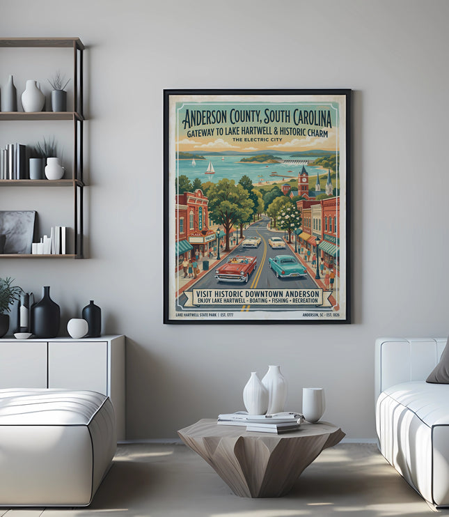 Anderson County, SC poster with vintage cars and lake scene.