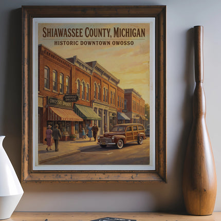 Shiawassee County, Michigan Historic Downtown Owosso poster with vintage car and buildings.