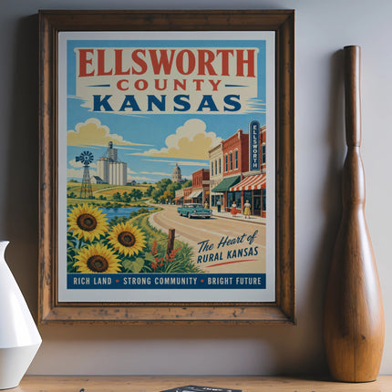 Ellsworth County Kansas vintage travel poster with town and sunflower imagery.