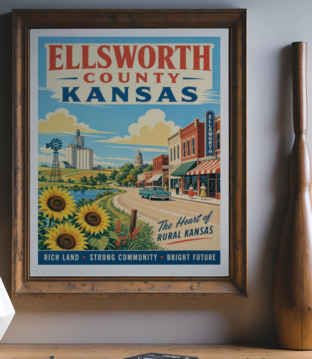 Ellsworth County Kansas vintage travel poster with town and sunflower imagery.
