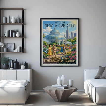 Vintage "Visiting New York City" poster featuring Conservatory Gardens and people.