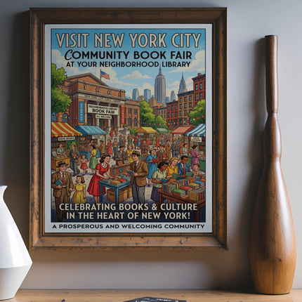 New York City Community Book Fair poster with "Celebrating Books & Culture" headline.