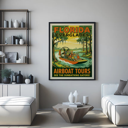 Florida Everglades Airboat Tours vintage poster with an airboat in water.