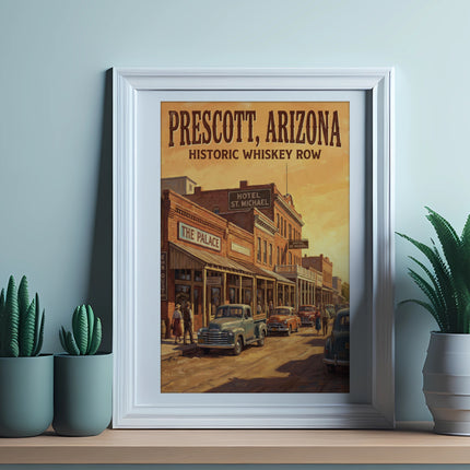 Prescott, Arizona Historic Whiskey Row vintage art with Hotel St. Michael and The Palace.