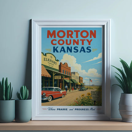 Retro poster for Morton County Kansas featuring Elkhart main street and classic car.