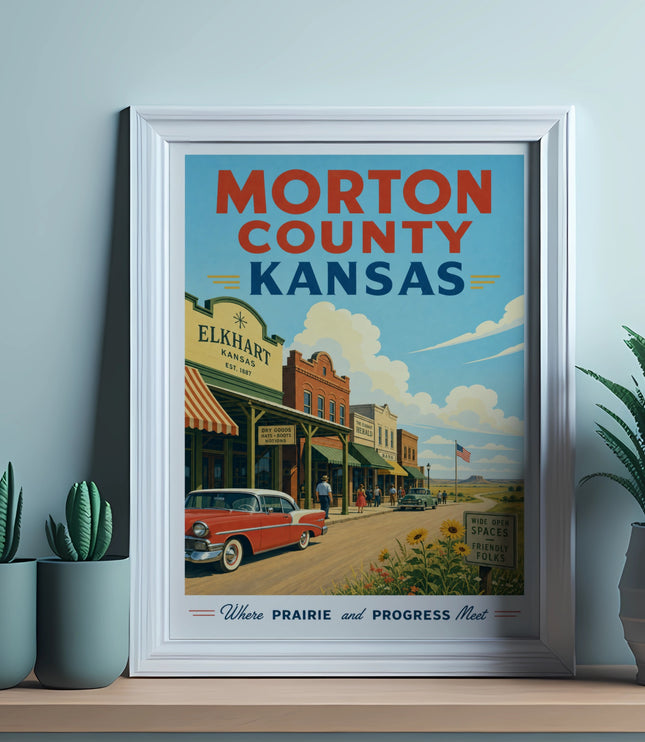 Retro poster for Morton County Kansas featuring Elkhart main street and classic car.