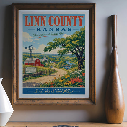 Vintage Linn County, Kansas travel poster with windmill, farm, and text.