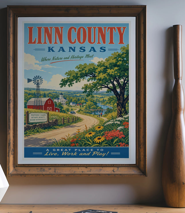 Vintage Linn County, Kansas travel poster with windmill, farm, and text.