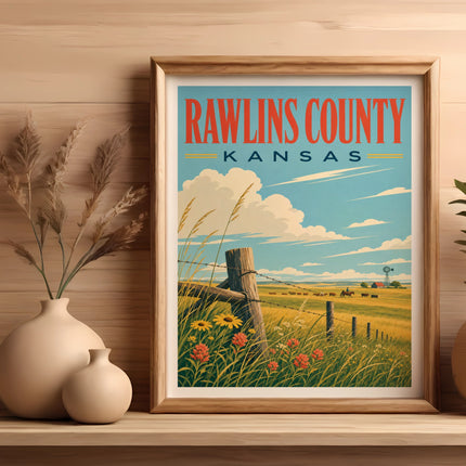 Framed art print of Rawlins County Kansas landscape with field, fence, and farmhouse.