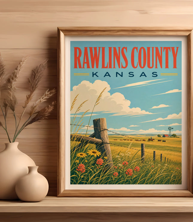 Framed art print of Rawlins County Kansas landscape with field, fence, and farmhouse.