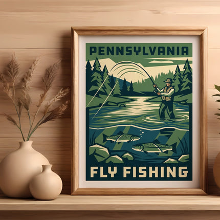 Framed "Pennsylvania Fly Fishing" art with fisherman and trout.
