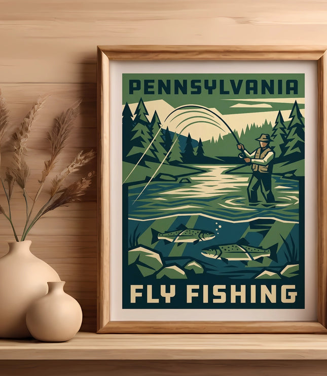 Framed "Pennsylvania Fly Fishing" art with fisherman and trout.