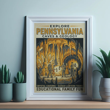 Explore Pennsylvania Caves & Geology poster with illustrated geological formations and people.