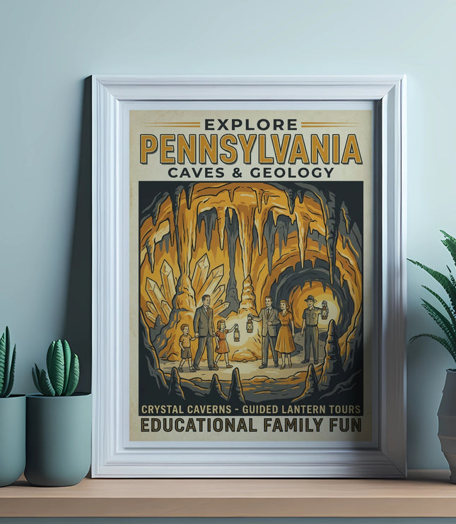 Explore Pennsylvania Caves & Geology poster with illustrated geological formations and people.