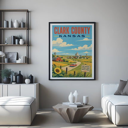 Vintage "Clark County, Kansas" travel poster with rural landscape and sunflower.