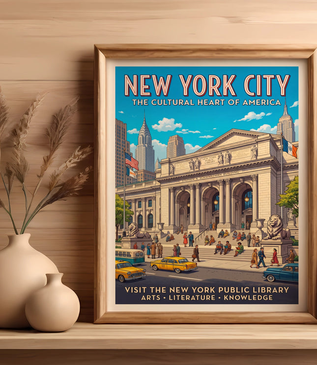 New York City vintage travel poster of the Public Library featuring iconic skyline