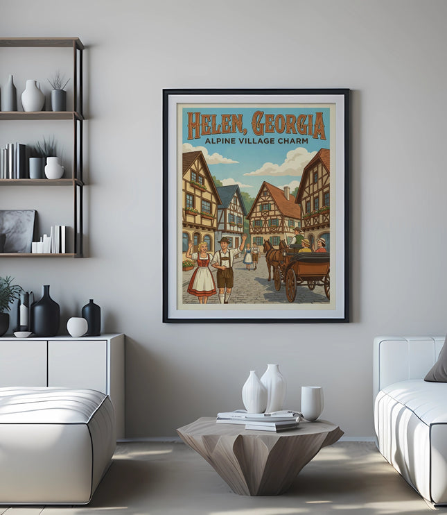 Framed poster of Helen, Georgia Alpine Village Charm with people and horse-drawn carriage.