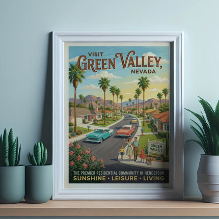 Vintage poster of Green Valley, Nevada, showing a family and cars on a palm-lined street.