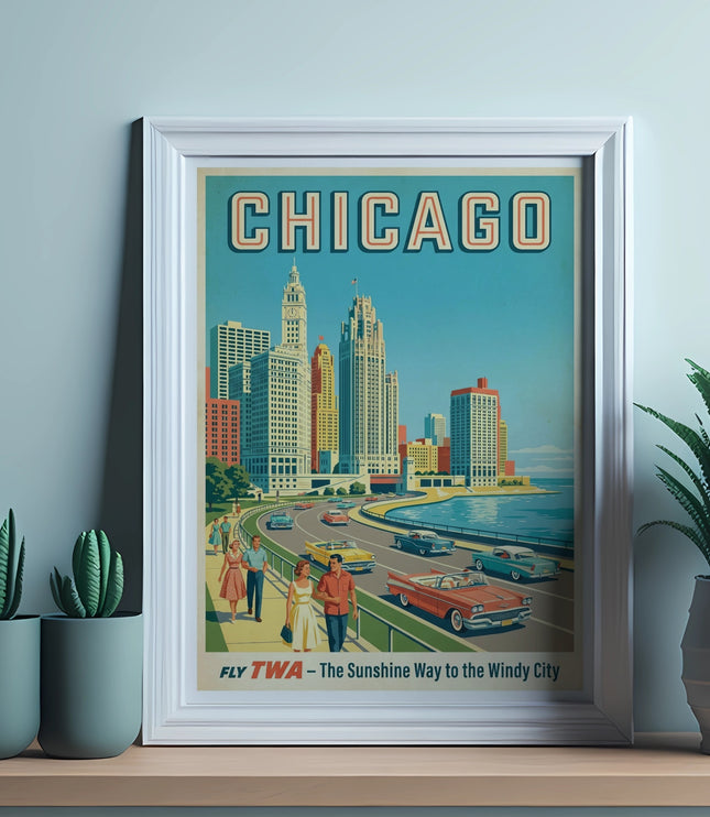 Framed Chicago TWA poster showing skyline, cars, and people, with text "Fly TWA - The Sunshine Way."